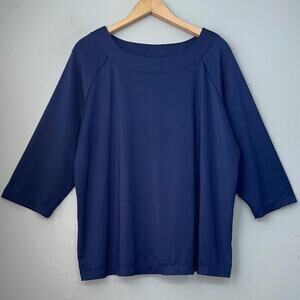 Susan Graver Style Plus Size 1X Liquid Knit Navy Blue Top Travel Easy Care